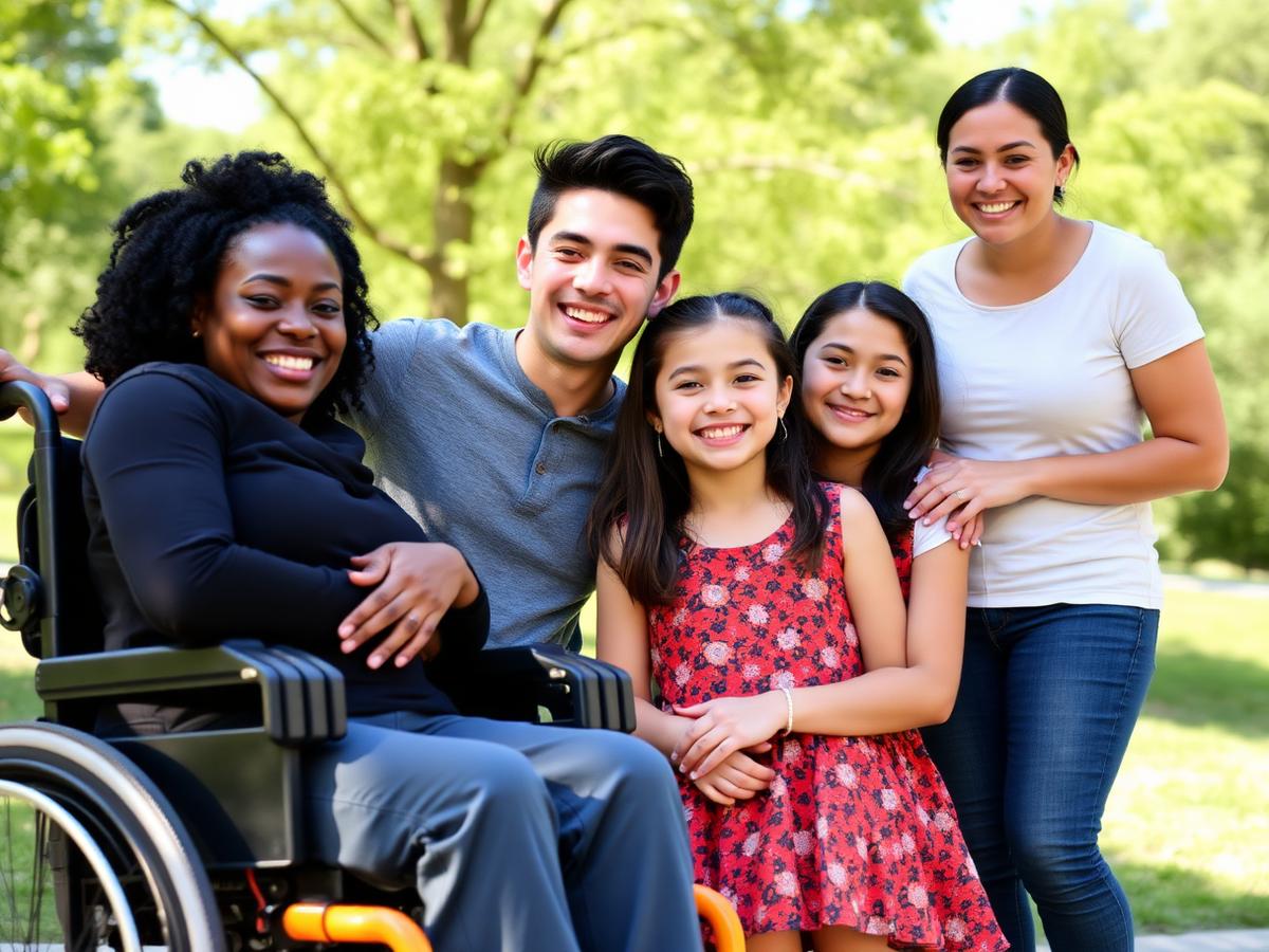 A diverse group of individuals and caregivers smiling together
